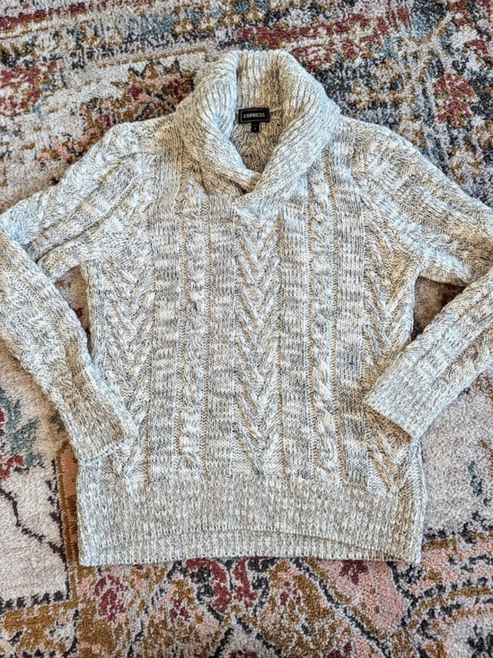 Express Womens M Cable Knit Cowl Neck Sweater White Grey Cozy Fisherman Fall